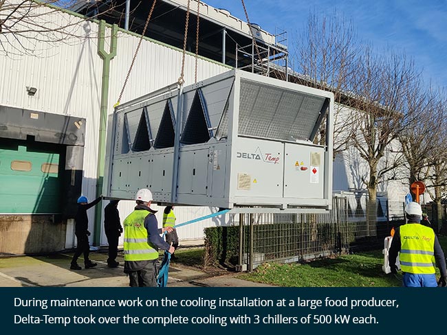 During maintenance work on the cooling installation at a large food producer, Delta-Temp took over the complete cooling with 3 chillers of 500 kW each.